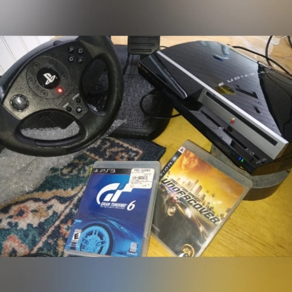 Playstation 3, steering pedals, games, and more.